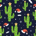 Cactus Christmas seamless pattern Holiday background Christmas cactus light Santa hat mustache snowflakes