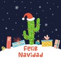 Cactus Christmas background Card full gifts present boxes on snowy dark landscape Vector cartoon banner