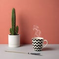 Cactus and Coffee Cup with Lavender Still Life on Desk Royalty Free Stock Photo