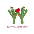 Cactus couple with shining red heart. Happy Valentine`s Day greeting card