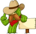 Cactus Cowboy Cartoon Character With Wooden Blank Sign