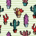 Cactus design. Seamless pattern. Vector illustration, black background. Royalty Free Stock Photo