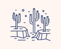 Cactus in dry desert landscape outline vector illustration. Blue linear wild mexican landscape isolated on white