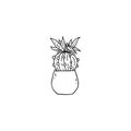 cactus echinopsis with flower. Indoor potted house plant vector black and white outline doodle illustration.