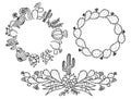 Cactus Floral Frame. Set Hand drawn outline cactus with flowers. Vector set cacti, aloe and succulent Collection of exotic plants