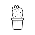 Cactus with flower in pot. Linear icon of houseplants. Black simple illustration of botany, plant care, bloom. Symbol for packing