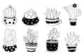 Cactus flowerpots doodles. Collection tropical houseplant. Vector illustration. Isolated hand drawings indoor plants in