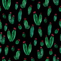 Cactus with flowers watercolor seamless surface pattern on black background