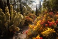 a cactus forest, with towering spines and vibrant flowers