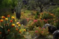 a cactus forest, with towering spines and vibrant flowers