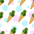 Cactus in the form of ice cream balls in the horn. Seamless pattern of cactus. white background. background of pink and green Royalty Free Stock Photo