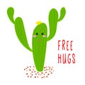 Cactus free hugs. Hand drawm cartoon cactus in the desert. Flat