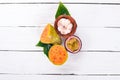 Cactus fruit, maracuya and mangosteen. Fresh Tropical Fruits. On a wooden background.