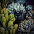 Cactus garden with a black cat in a cactus garden.