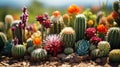 Cactus garden with colorful flowers in the botanical garden. Selective focus Royalty Free Stock Photo