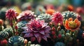 Cactus garden with colorful flowers in the botanical garden. Selective focus Royalty Free Stock Photo