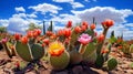Cactus garden in the desert. Prickly sentinels rise from sandy earth. Sun bathes spines