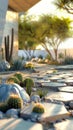 A cactus garden with sharp triangular plants arranged in a precise hexagonal pattern blending natures beauty with