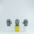 Cactus with glasses in yellow flower pot one different idea Cactus in white flower pots on pastel blue background.