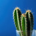 Cactus sits in clear glass container against bright blue backdrop with sharp spines and thick green body on display Royalty Free Stock Photo