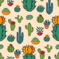 Cactus home nature illustration of green plant cactaceous tree with flower seamless pattern background