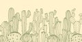 Cactus horizontal poster or background doodle ornament succulent desert plants linear cacti vector