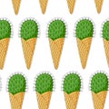 Cactus ice cream in the horn. Seamless pattern. White background. Hand drawing. Vector illustration.