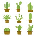 Cactus Icon Flat Design Element Plants Pot Flower Prickle Cartoon Vector