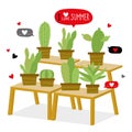 Cactus Icon Flat Design Element Plants Pot Flower Prickle Cartoon Vector