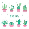 Cactus Icon Flat Design Element Plants Pot Flower Prickle Cartoon Vector