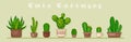 Cactus icons in a flat style on background. Home plants cactus in pots and with flowers. A variety of decorative cactus