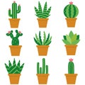 Cactus icons in a flat style on a white background. Home plants cactus in pots and with flowers. A variety of decorative cactus wi Royalty Free Stock Photo