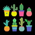 Cactus icons in a flat styled. Home plants cactus in pots and with flowers. A variety of decorative cactus with prickles and witho Royalty Free Stock Photo