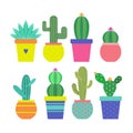 Cactus icons in a flat styled. Home plants cactus in pots and with flowers. A variety of decorative cactus with prickles and witho Royalty Free Stock Photo