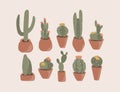 Cactus icons set. Collection of home pot blooming flowers in flat style. Decorative natural plant elements isolated on white Royalty Free Stock Photo