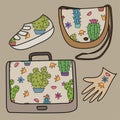 Cactus leather concept. Hand drawn handbags, shoes and gloves made from cactus lether. Eco-Friendly product.