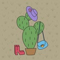 Cactus leather. Hand drawn cactus decorated by hat, handbag and shoes on beige background.