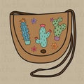 Cactus leather. Hand drawn handbag decorated by Cactus plants on beige background. Eco-Friendly product.