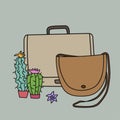 Cactus leather. Hand drawn handbags and Cactus plants on grey background. Eco-Friendly product.