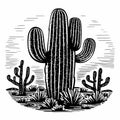 Cactus Linocut Woodcut Print - Vintage Style Desert Vector