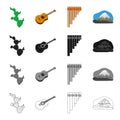 Cactus, Mexican guitar, wind instrument pan flute, mountain. Country Mexico set collection icons in cartoon black Royalty Free Stock Photo