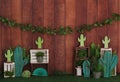 Cactus montage dark colorful wood backdrop for photo studio