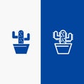 Cactus, Nature, Pot, Spring Line and Glyph Solid icon Blue banner Line and Glyph Solid icon Blue banner