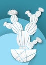 Cactus in paper cut art style or digital craft vector illustration white color and blue background