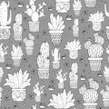 1607 cactus pattern, seamless pattern in monochrome colors, cacti in pots, ornament for wallpaper and fabric, wrapping paper