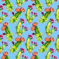 Cactus with pink and red flowers, seamless pattern design, bright blue background Royalty Free Stock Photo