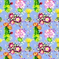 Cactus with pink and yellow flowers, colorful stones, seamless pattern design on bright blue background Royalty Free Stock Photo
