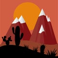 Cactus plants in desert sunset with mountains background