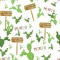 Cactus in Mexico, childish illustration, seamless pattern on a white background