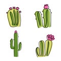 Cactus poster. Saguaro plants. Cacti with flowers. Green cactaceae succulents. Cute prickly houseplants. Doodle line